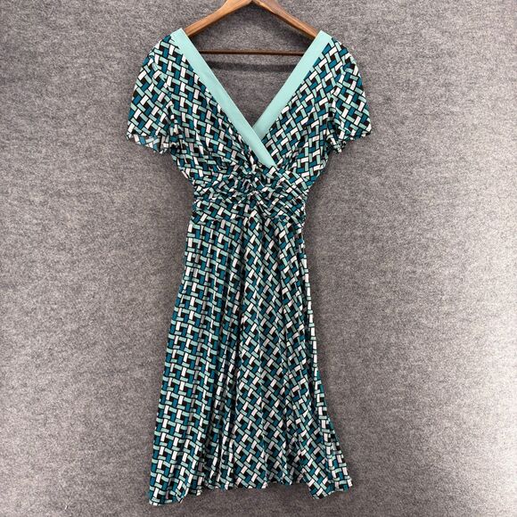 Good Clothes Dress Women 10 Blue Geometric Sheath Midi V-Neck Short Sleeve - Picture 1 of 7